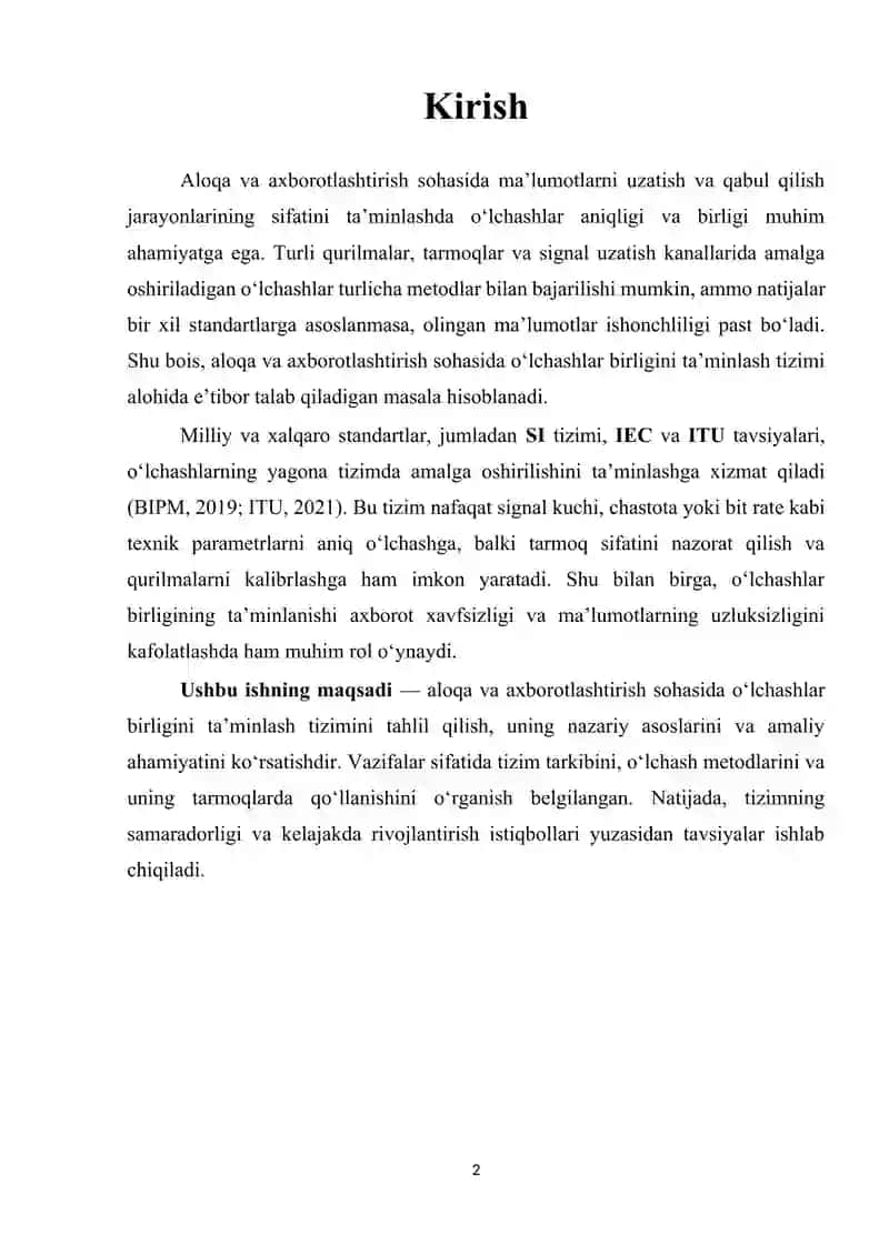 Aloqa va axborotlashtirish sohasida o’lchashlar birliligini ta’minlash tizimi 2