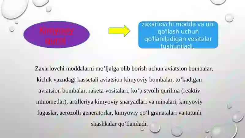 KIMYOVIY QUROL. ZAHARLI MODDALARNING TASNIFI.KIMYOVIY VAZIYATNI BAHOLASH 2