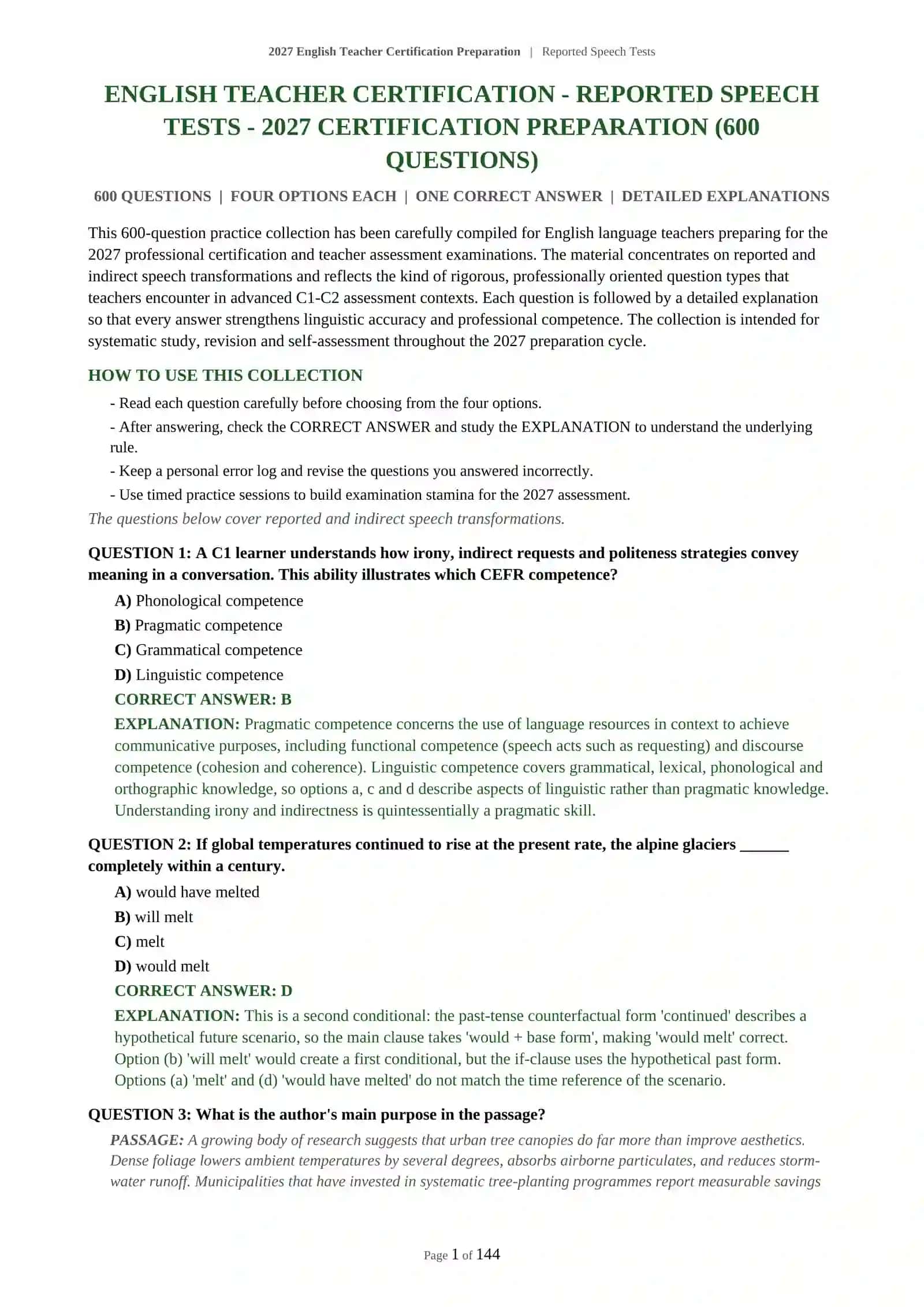 Mavzu: 2027 English Teacher Certification Preparation | Reported Speech Tests 2