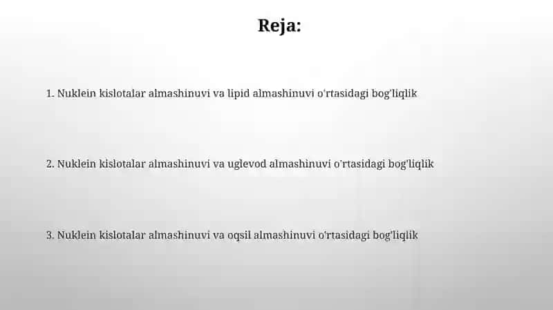 Nuklein kislotalar almashinuvining oqsil, lipid va uglevod almashinuvi bilan o‘zaro bog‘liqligi 2