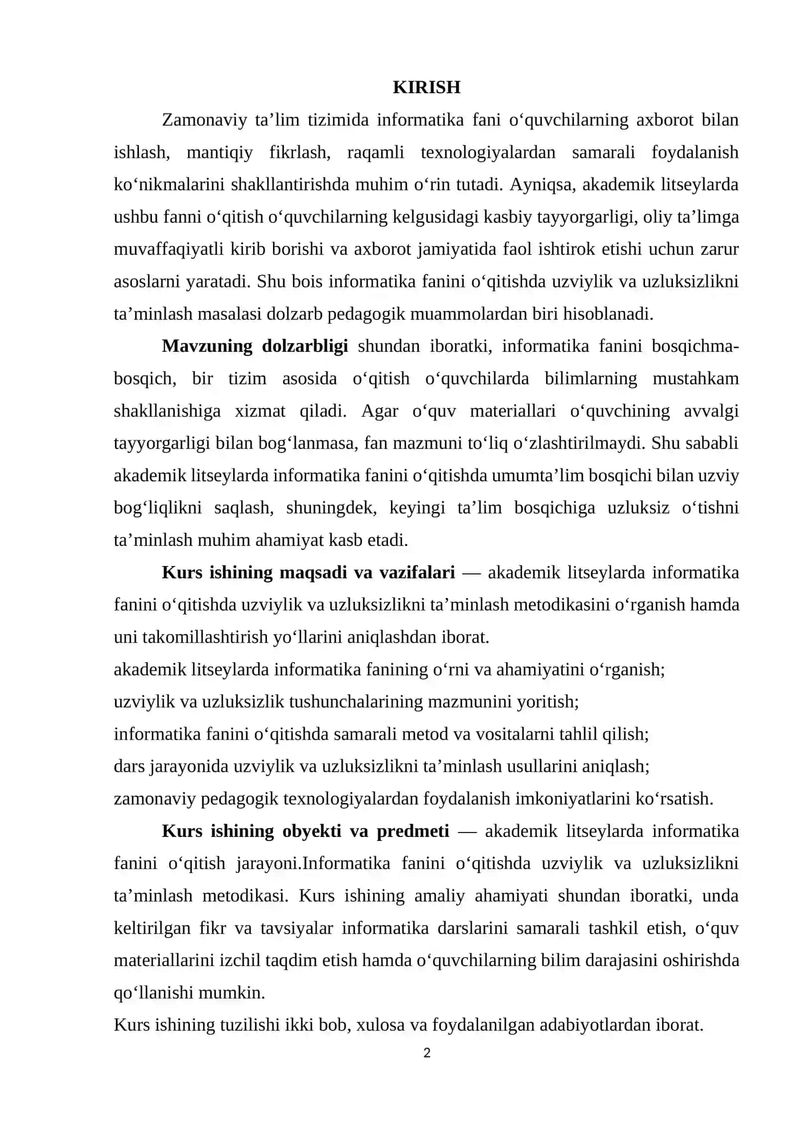 Akademik litseylarda Informatika fanini o'qitishda uzviylik va uzluksizlikni ta'minlash metodikasi. 2