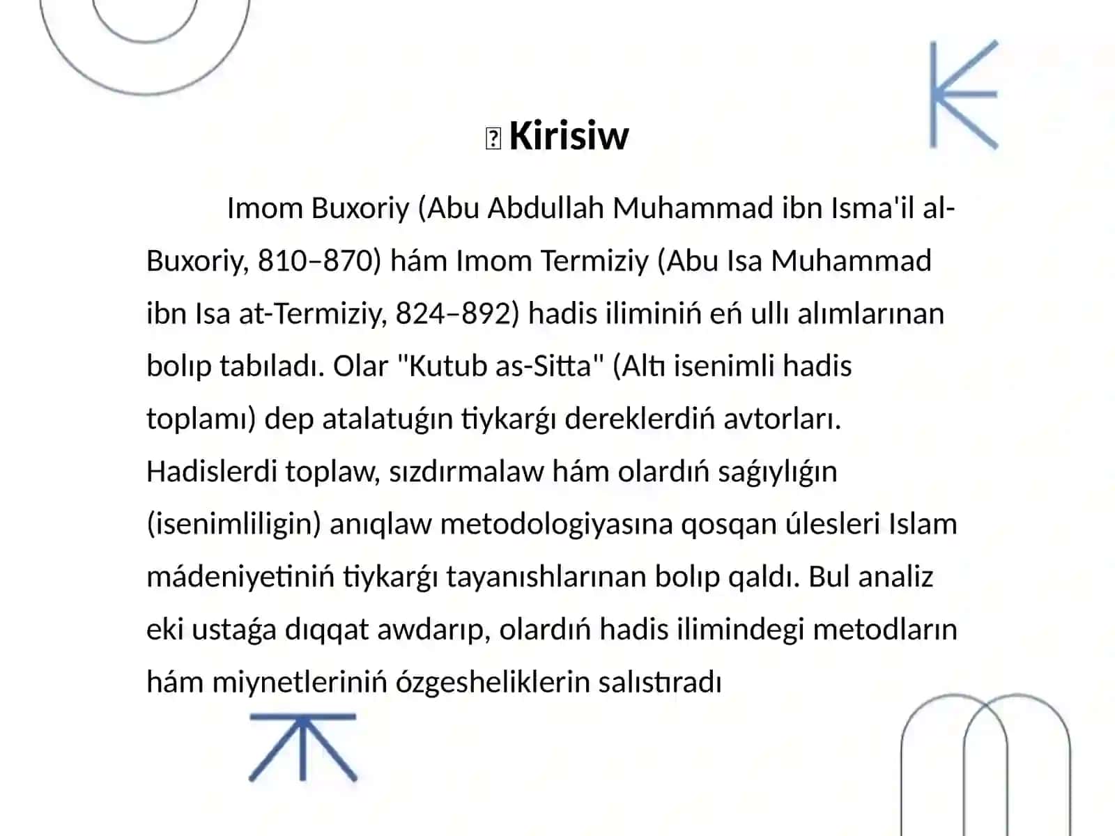 Imom Buxoriy ham Imom Termiziy hadis ilimine qosqan uleslerin salistiriw analizi 2