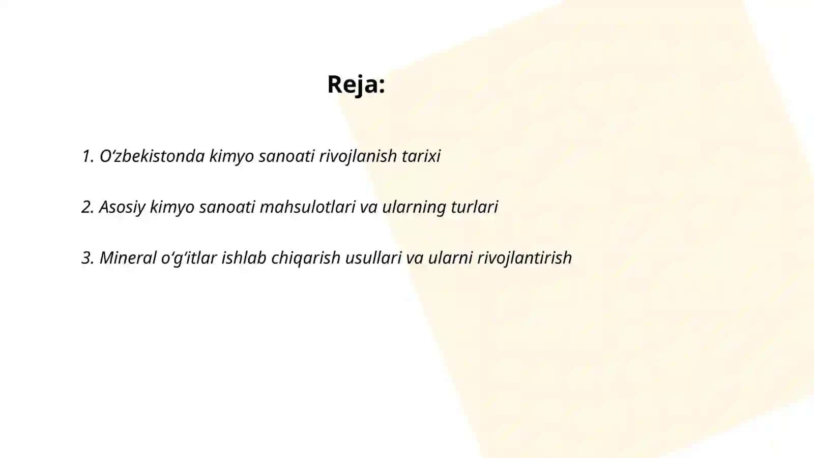 Oʻzbekistonda kimyo sanoati ishlab chiqaradigan mahsulotlar va kimyoviy ishlab chiqarish usularini rivojlantirish konsepsiyalari 2