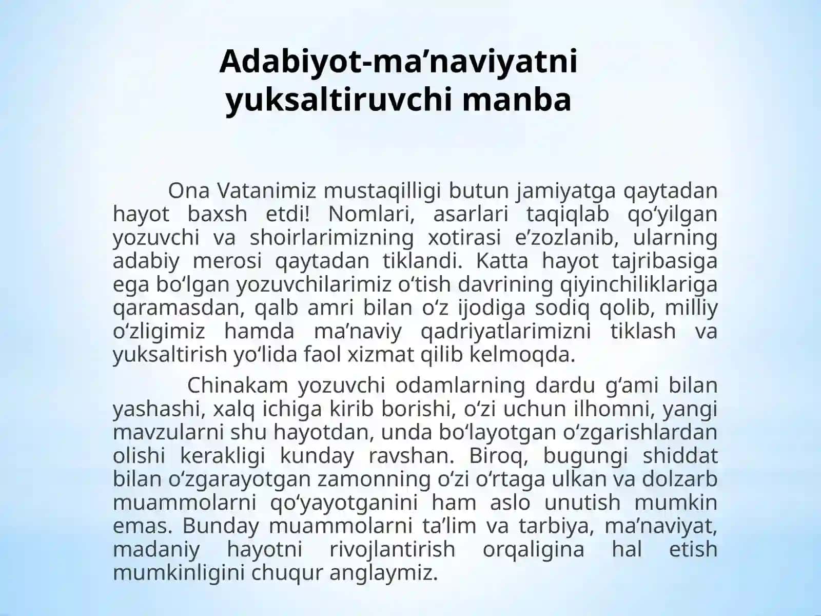 11-Mavzu.Adabiyot-ma’naviyatni yuksaltiruvchi manba. Abdulhamid Cho‘lpon hayoti va faoliyati. Nutq uslublari. Badiiy uslub 2