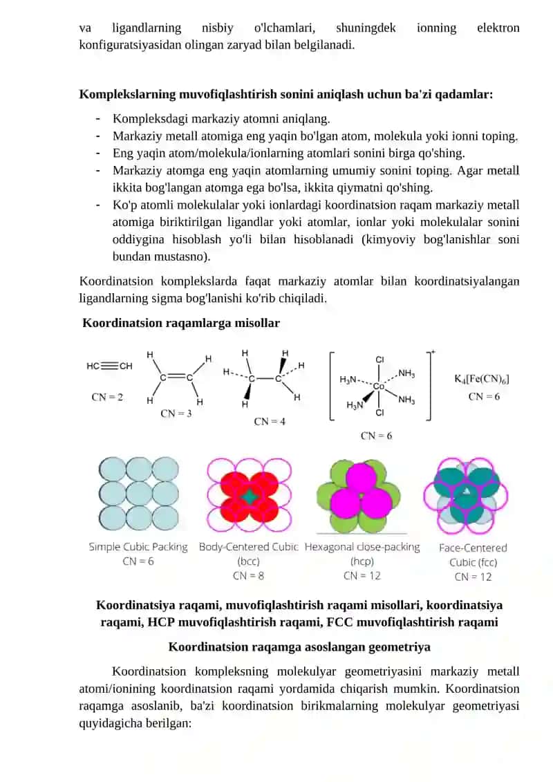 Koordinatsion sonlar kimyo, hisoblar, misollar va geometriya 2