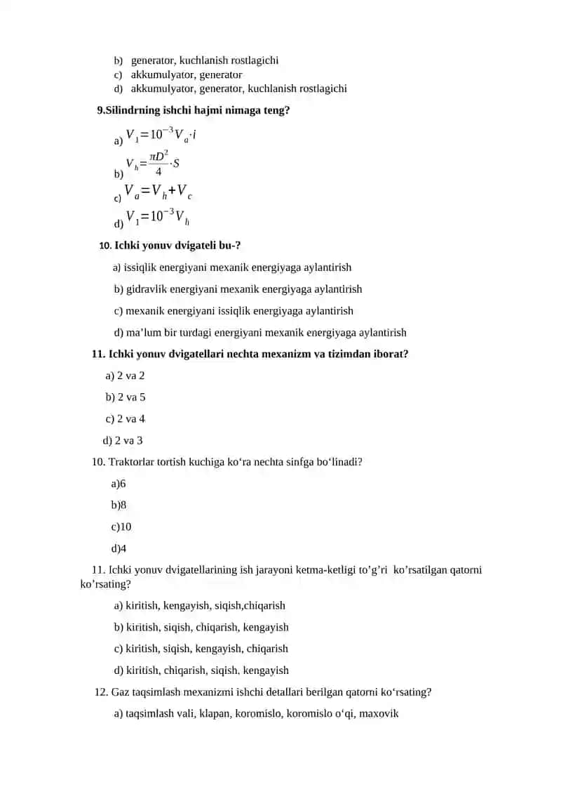 Traktorlar va transportlar vositalari fanidan oraliq test savollari 2