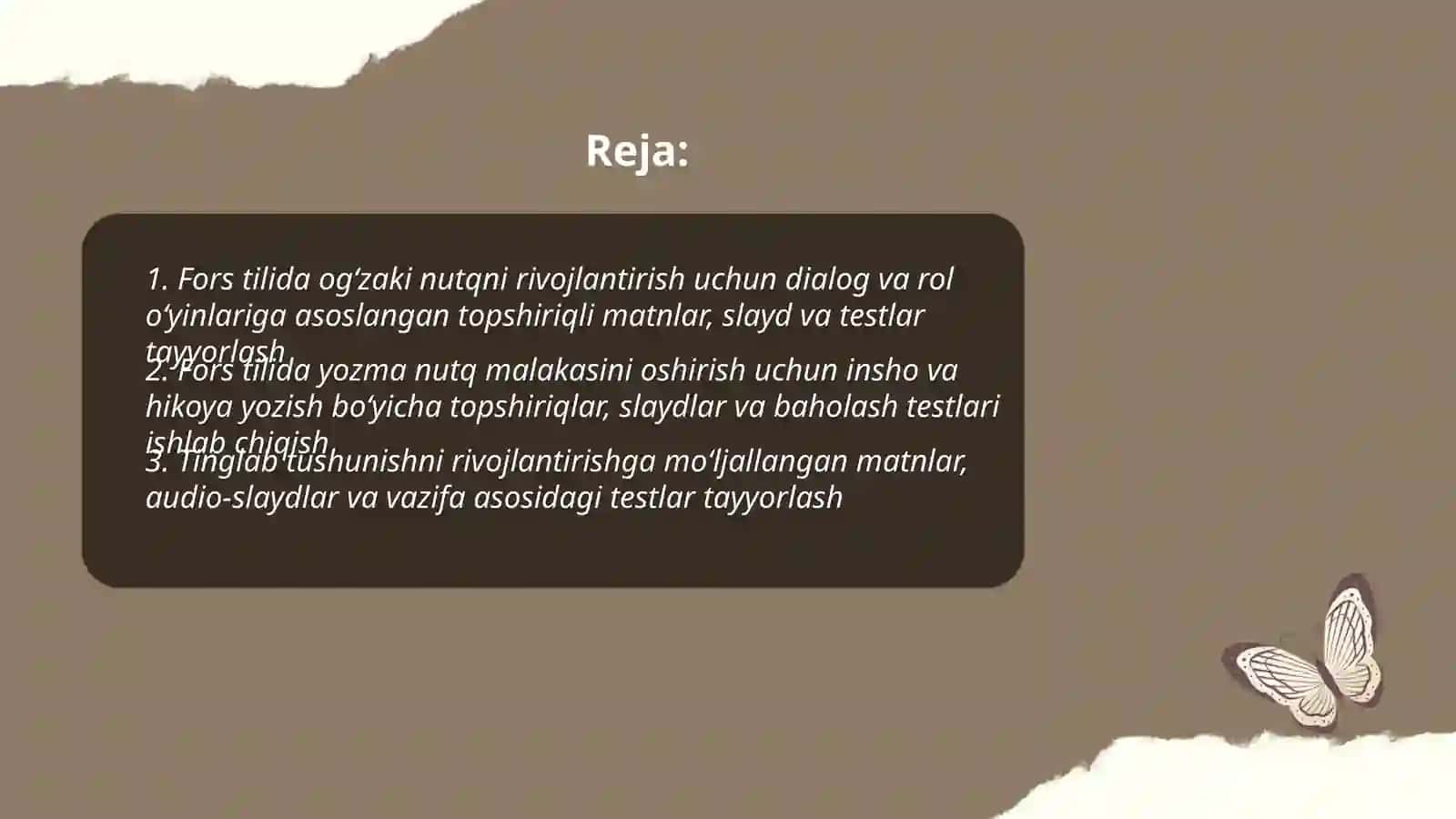 Fors tilida o‘quvchilarning og‘zaki va yozma nutq malakalarini shakllantirish yuzasidan topshiriqli matnlar, slayd va testlar tayyorlash 2
