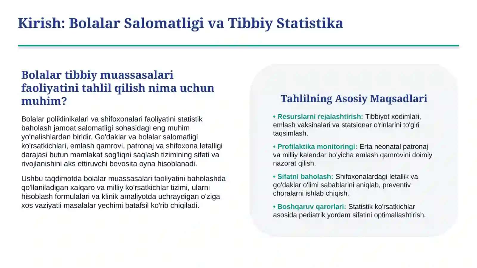 Bolalar tibbiy muassasalari faoliyatini tahlil qilish bo‘yicha vaziyatli masalalar yechish | 15 slay 2