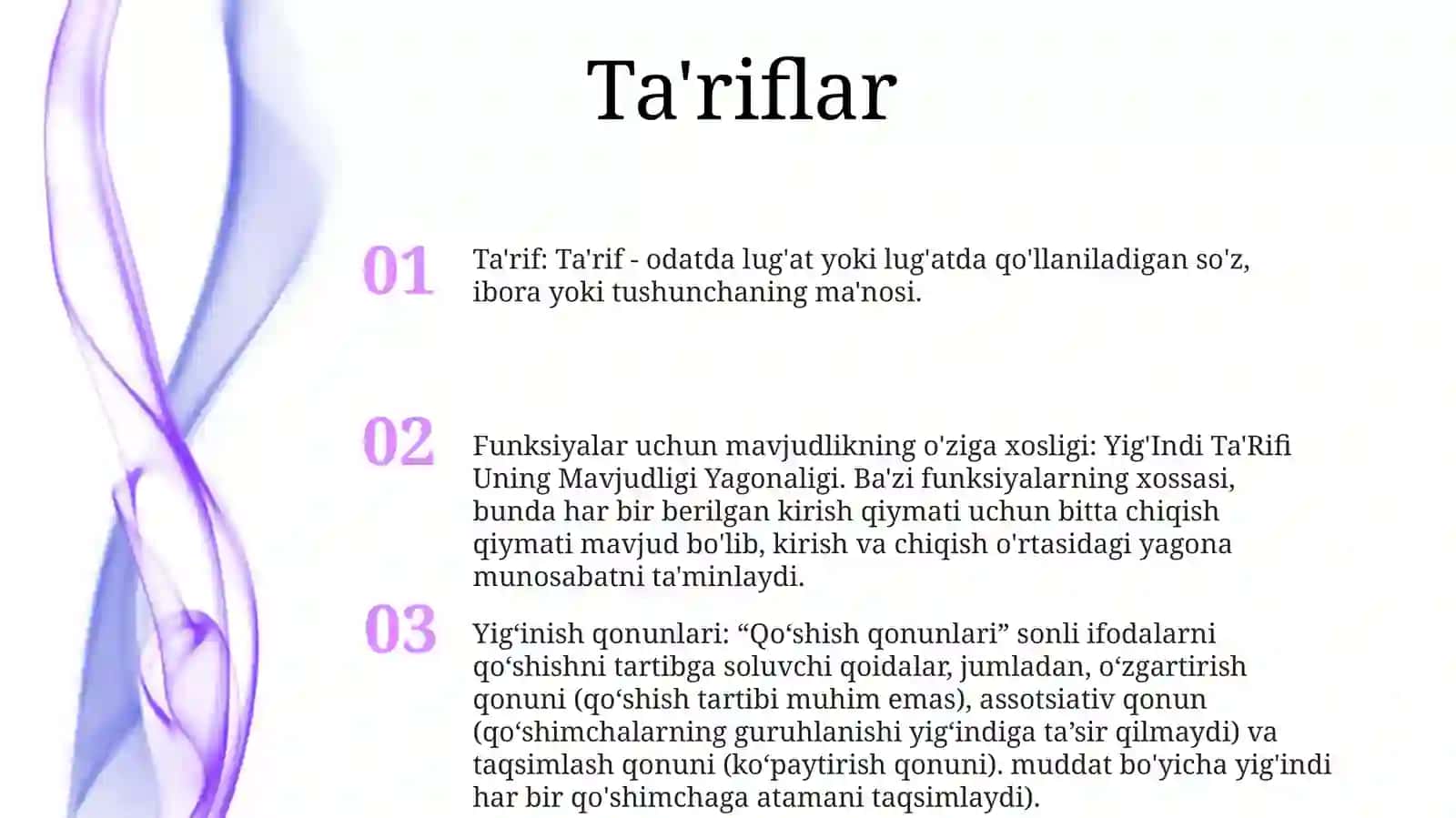 Yig'Indi Ta'Rifi Uning Mavjudligi Yagonaligi. Qo'ShishQonunyatlari 2