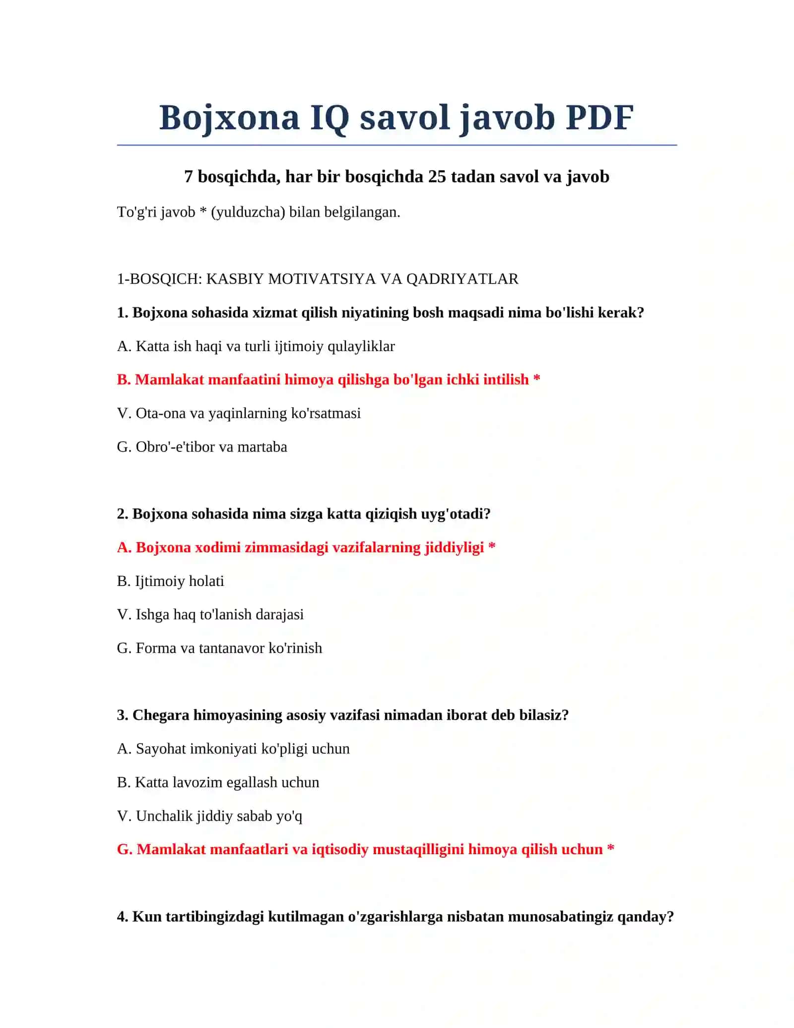 Bojxona IQ savol javob PDF 2