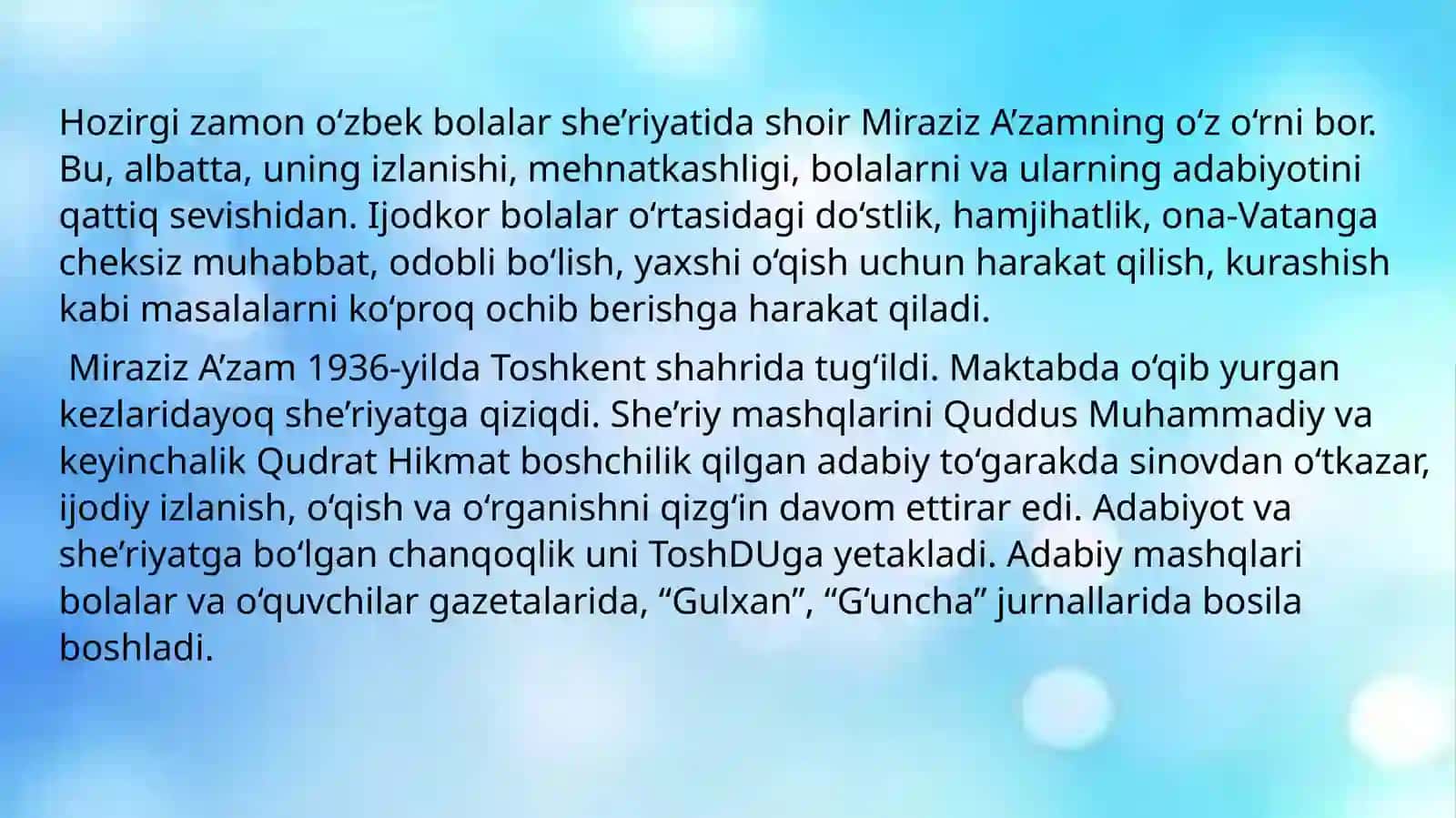 Hozirgi zamon o‘zbek bolalar she’riyatida shoir Miraziz A’zamning o‘z o‘rni bor 2
