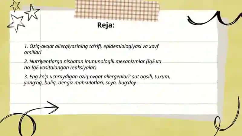 Turli oziq ovqat mahsulotlar allergik holatlariga profilaktik ovqatlanish 2