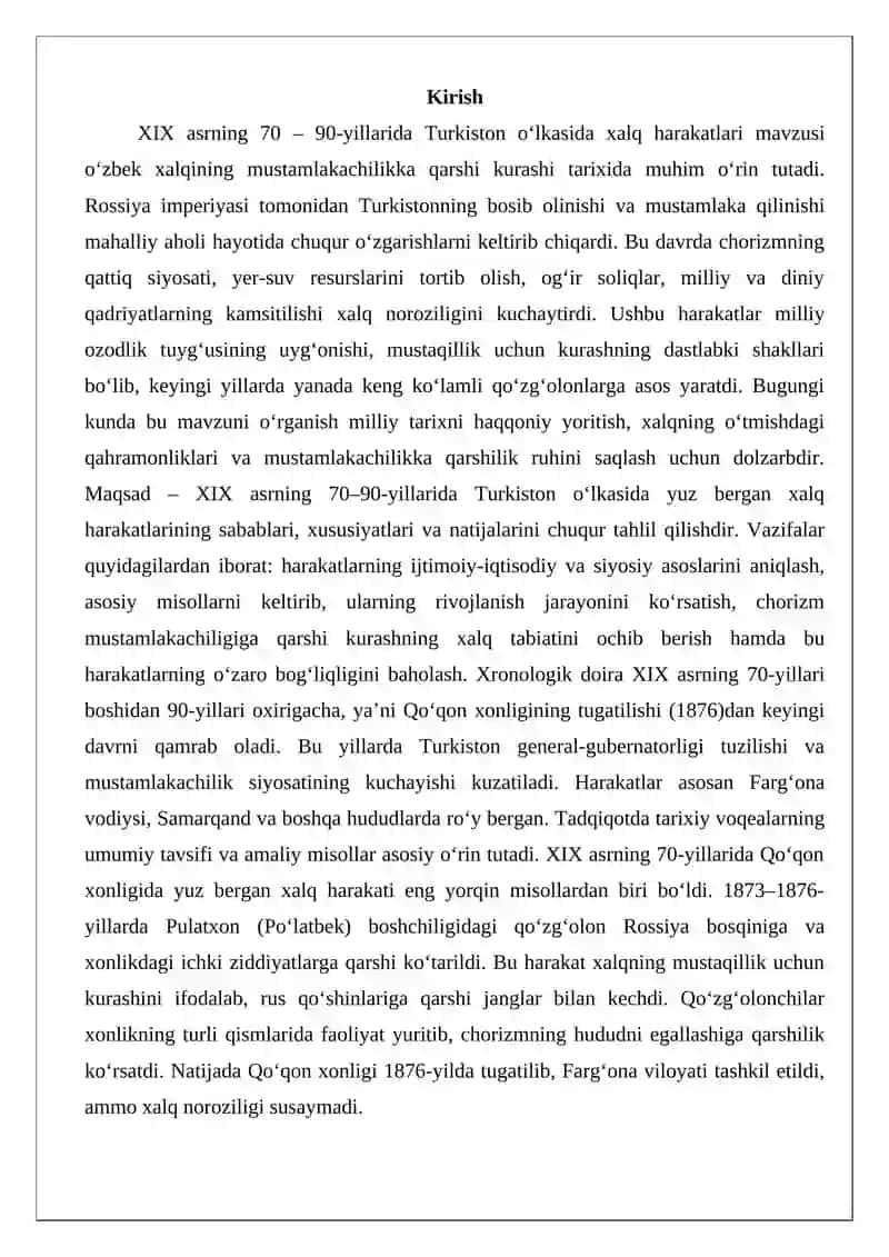 XIX asrning 70 - 90-yillarida Turkiston o‘lkasida xalq harakatlari 2