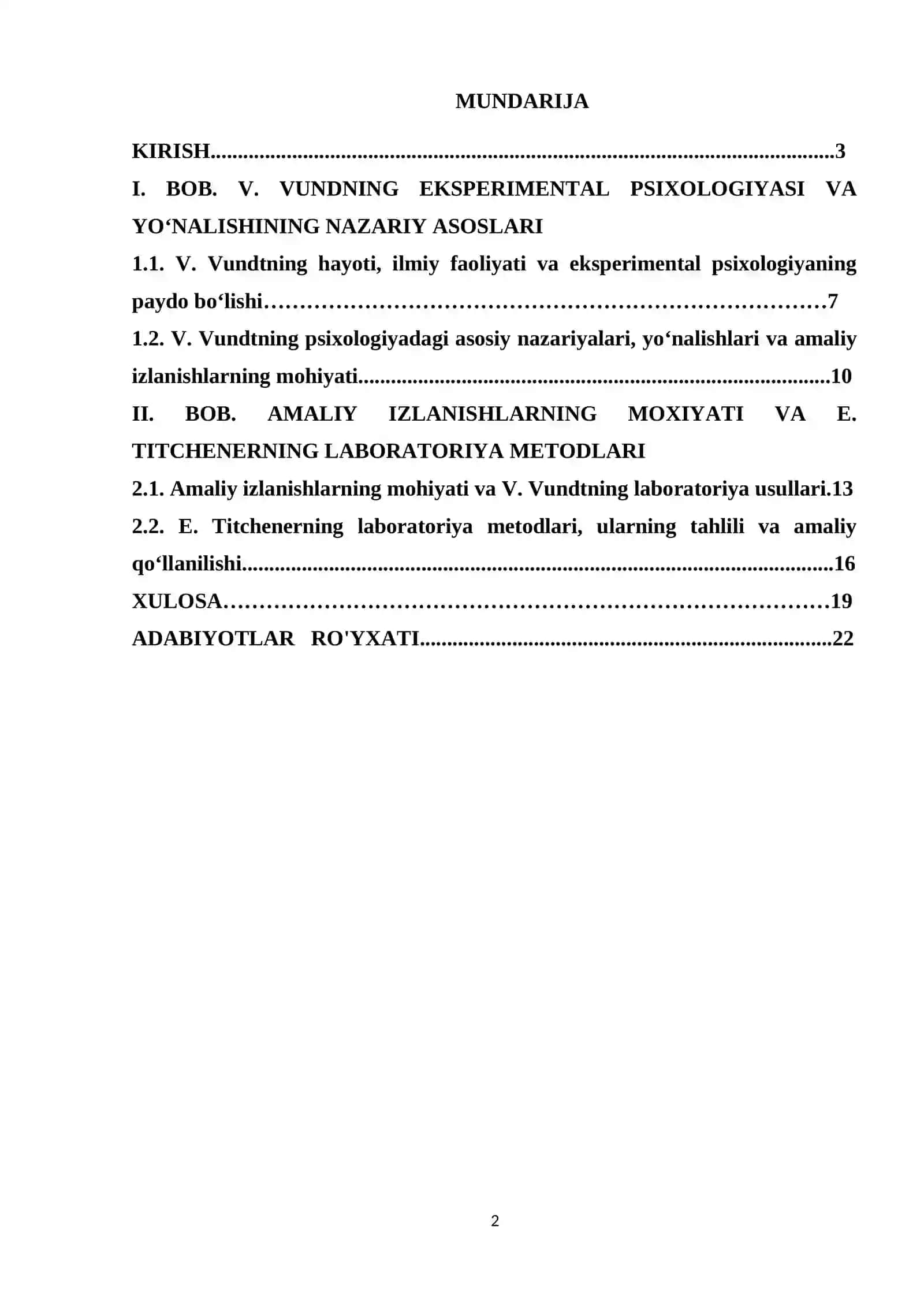 V.Vuntning ekspremental psixologiya va yo'nalishiga doir, amaliy izlanishlarning moxiyati va E. Titchenerning laboratoriya metodlari 2