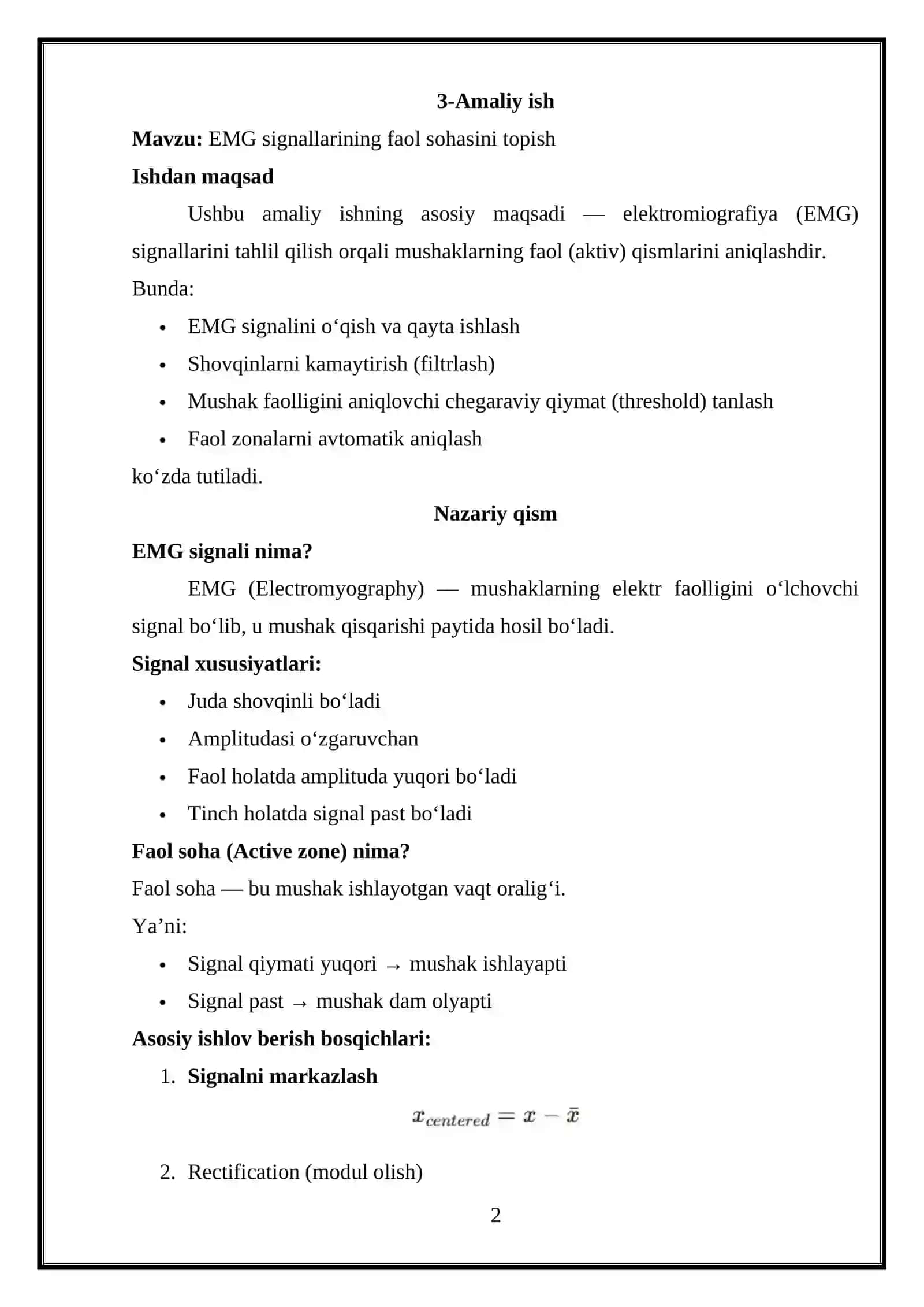 EMG signallarining faol sohasini topish 2