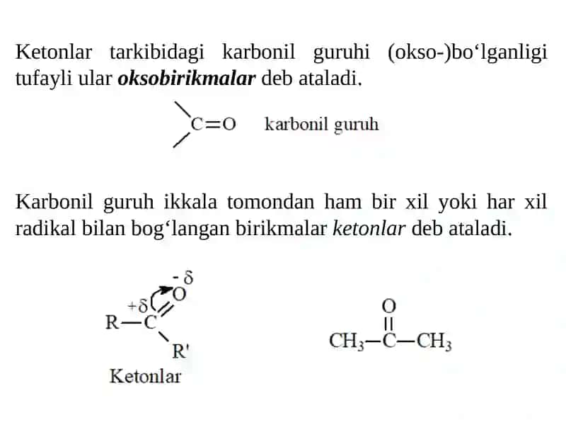 Kislorodsaqlovchi organik birikmalar tasnifi, tuzilishi, xossalari 2
