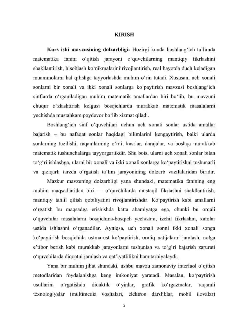 Uch xonali sonni bir xonali va ko'p xonali songa ko‘paytirish metodikasi 2