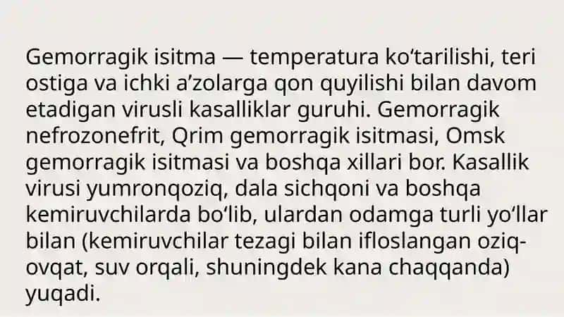 Gemmoragik isitma qo‘zg‘atuvchilari, patogenezi, labaratoriya tashxisi.Leptosiprozlar morfologiyasi, strukturasi tarqalganligi,keltirib chiqaruvchi kasalliklar va laboratoriya tashxisi. 2