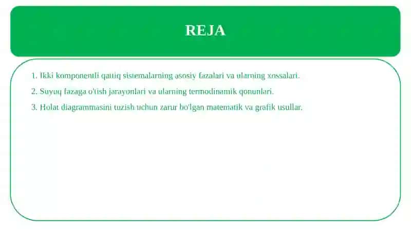 Ikki komponentli qattiq sistemalarning suyuqlanish holat diagrammasini tuzish 2