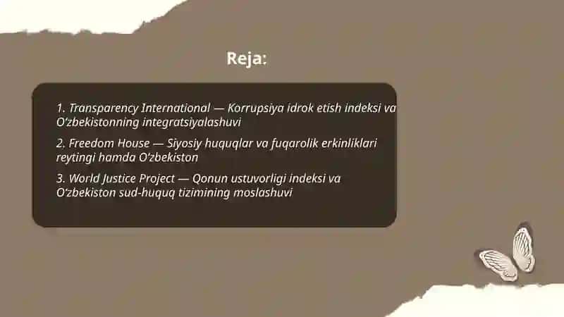 Siyosiy-huquqiy sohada ustuvor xalqaro reytinglar va ularga Oʻzbekistoning integratsiyalashuvi 2