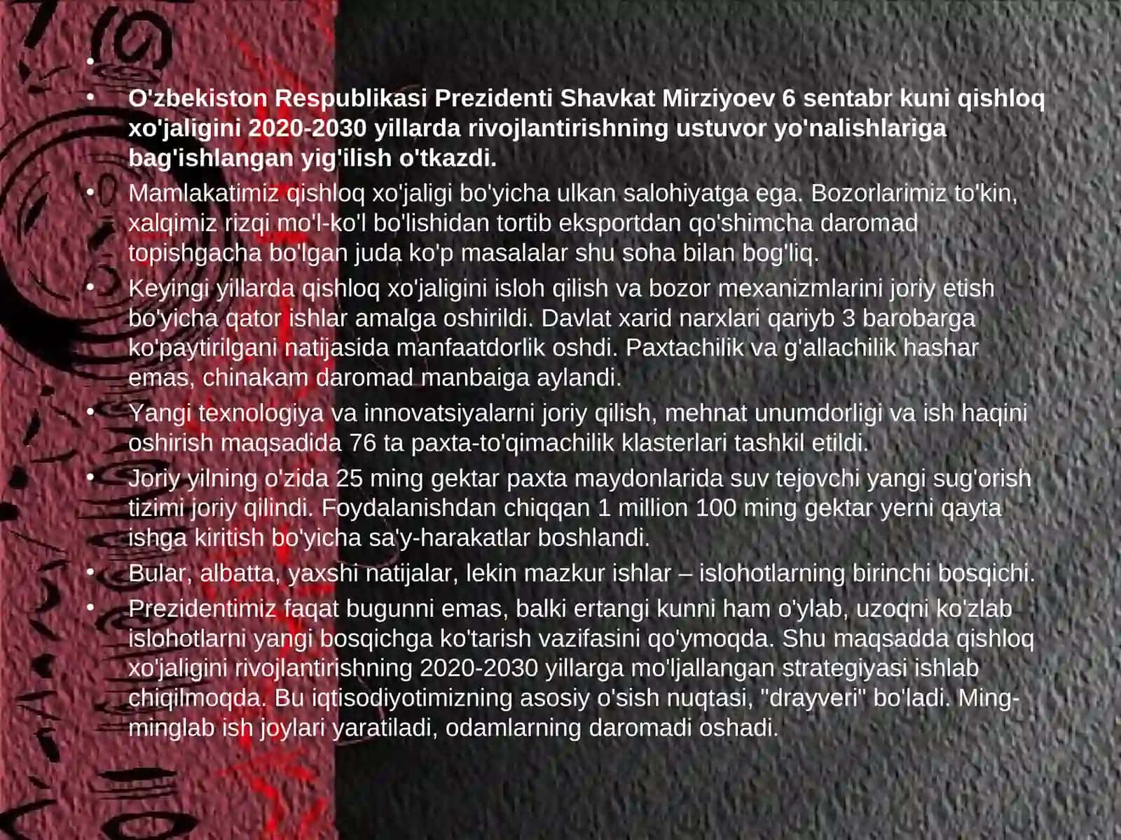 O'zbekistonda qishloq xo'jaligi va sanoat sohasidagi o'zgarishlar 2