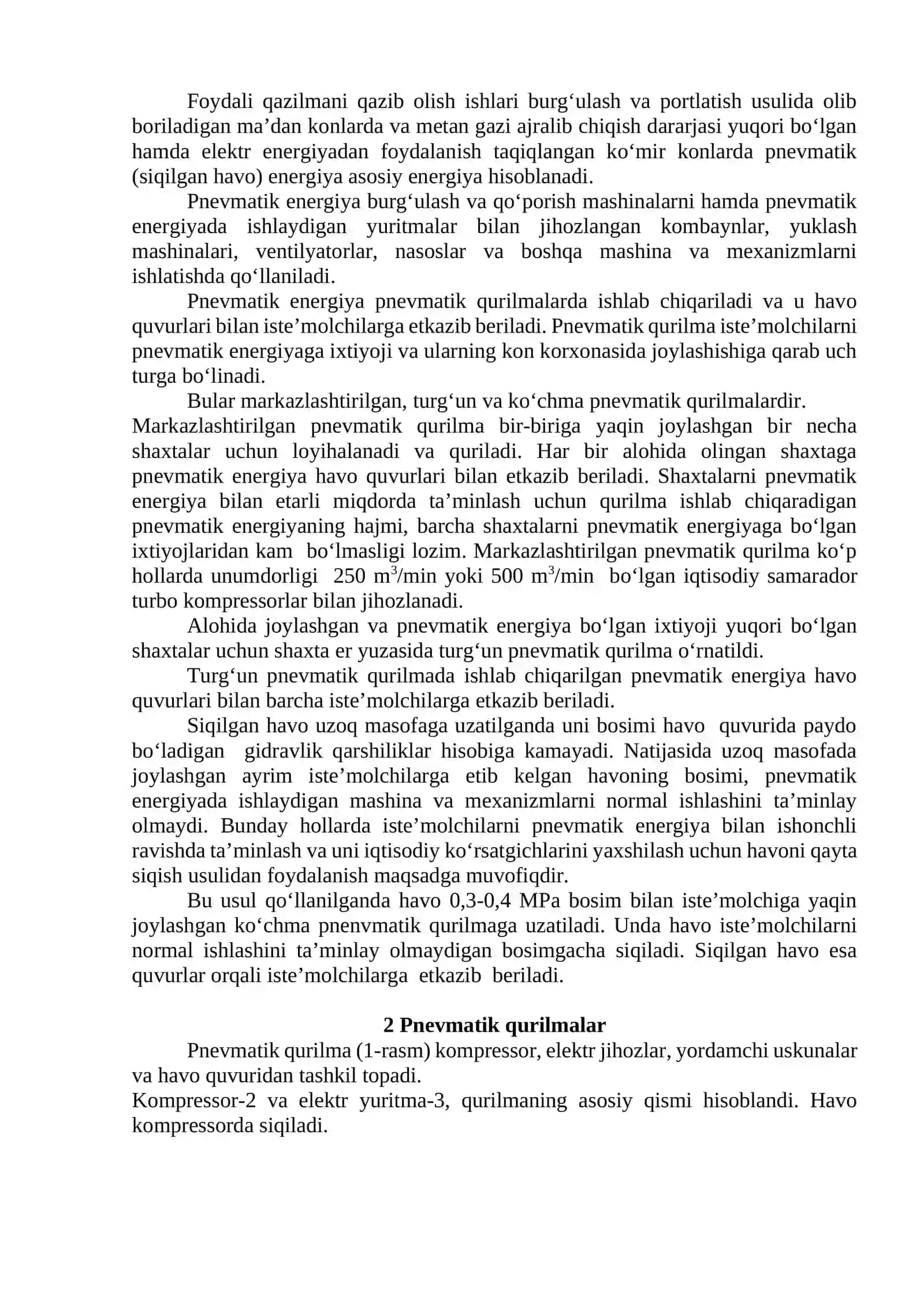 Pnevmatik qurilma turlari va ularning konchilik korxonalaridagi o‘rni 2
