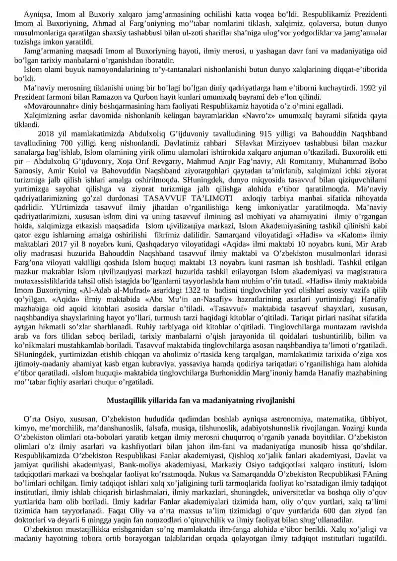 Mustaqillik yillarida O‘zbekistonning ma’naviy va madaniy taraqqiyoti. O‘zbekiston Respublikasida ta’lim sohasida amalga oshirilgan islohotlar 2