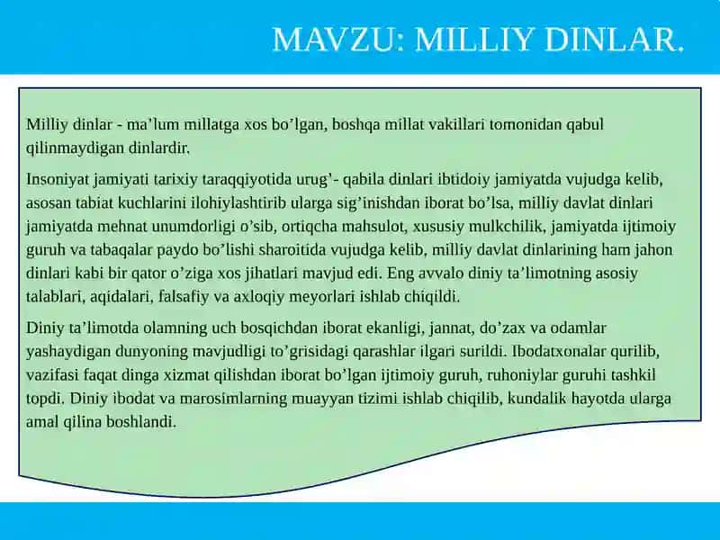 MAVZU: MILLIY DINLAR. 2