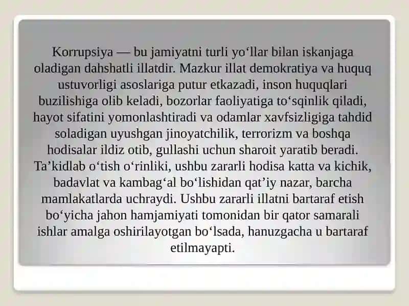 O’zbekistonda korrupsiyaga qarshi kurashish millat totuvligi siyosati 2