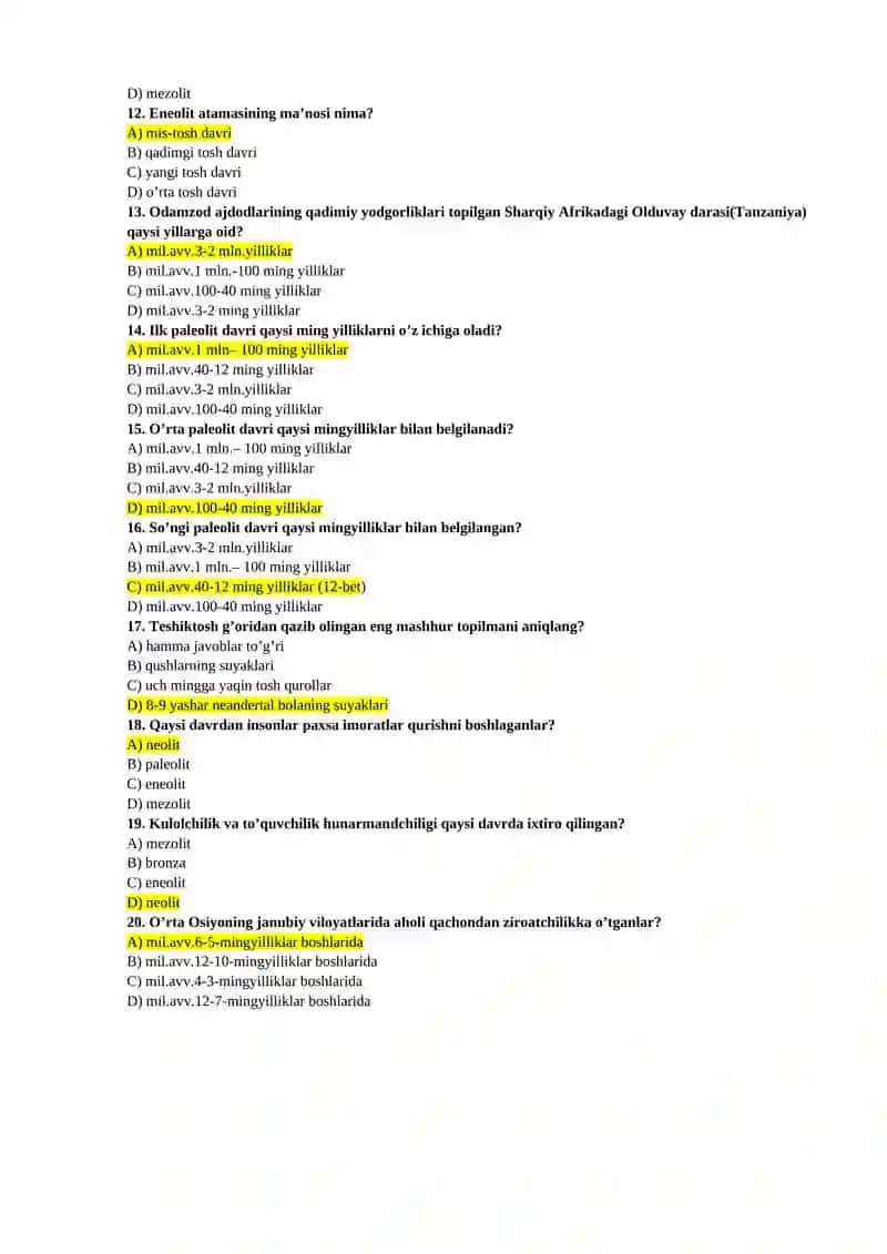 ARXEOLOGIYA FANIDAN TEST SAVOLLARI 2
