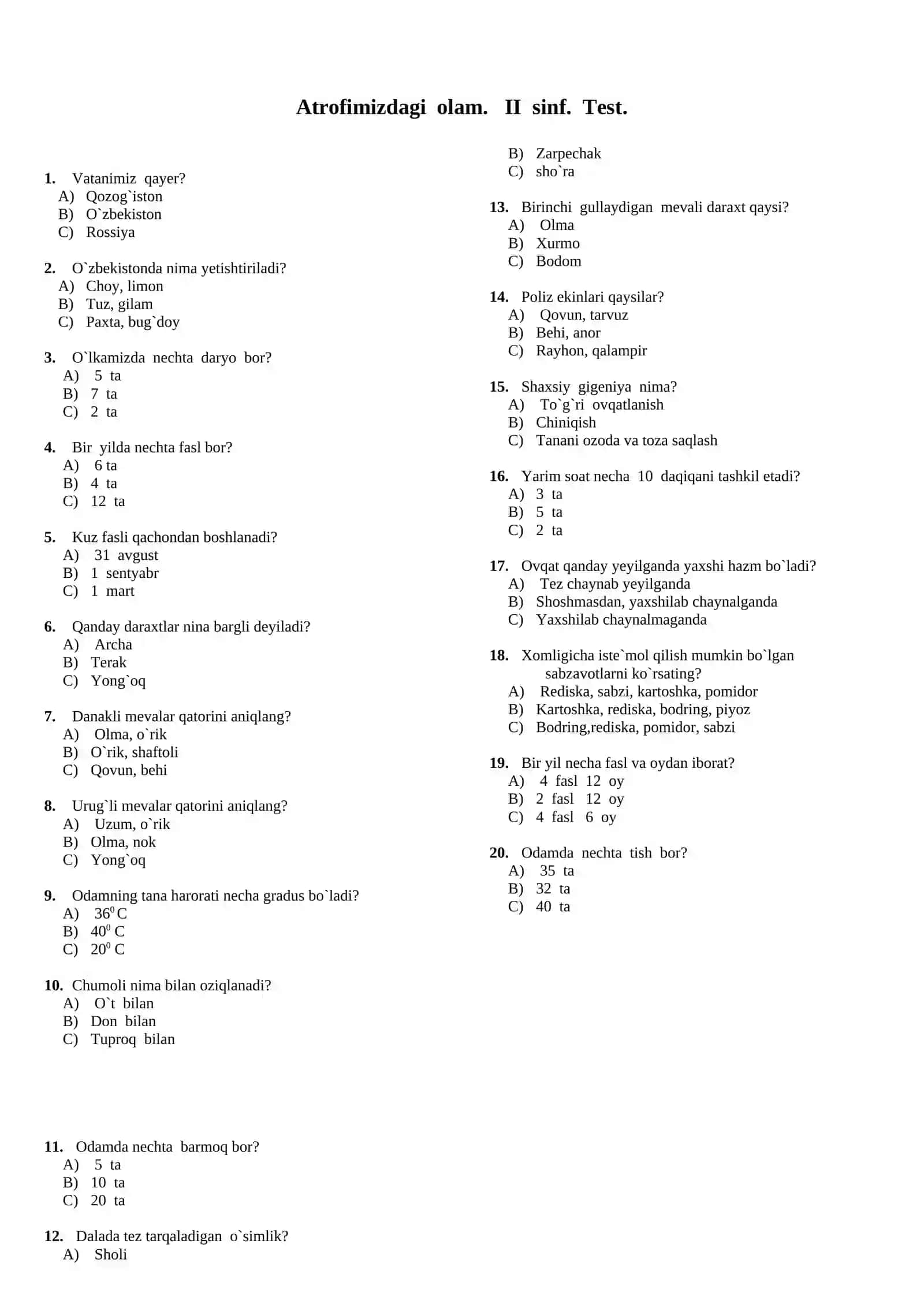 Atrofimizdagi olam. 2 sinf. Test 2