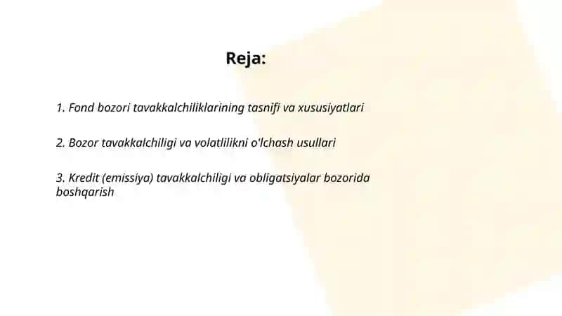 Fond bozori tavakkkalchiliklarini boshqarish 2