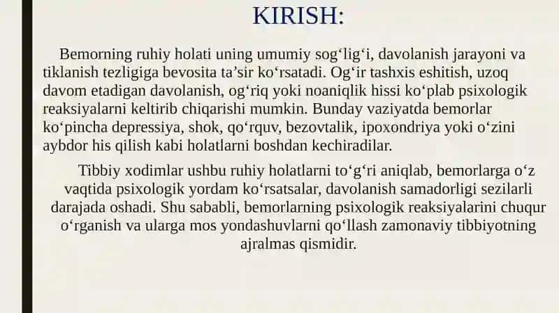 Bemorlarning ruhiy holati «Depressiya, shok, qoʻrquv, cho chish.ipoxondriya, oʻzini aybdor xis qilish», suitsidal fikrlash. 2