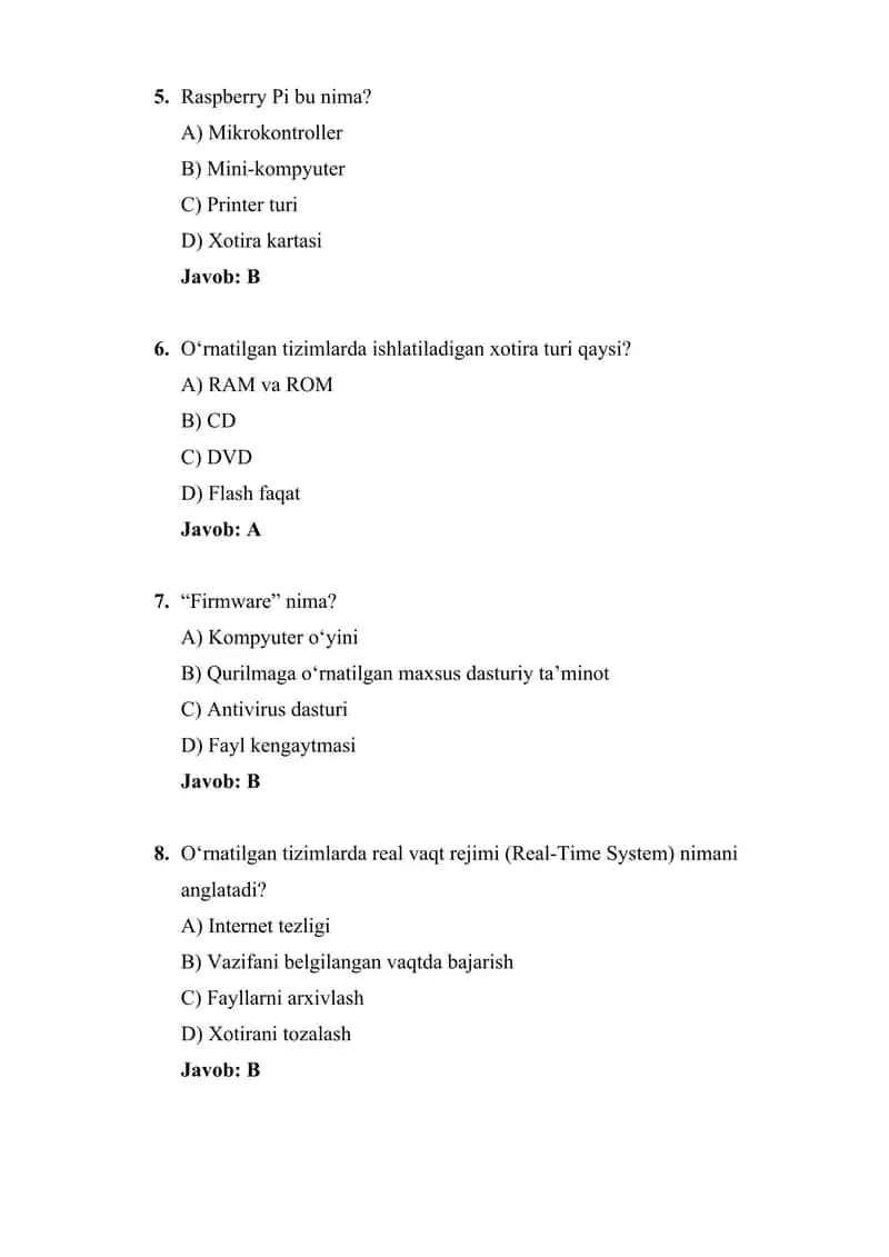 O‘rnatilgan tizimlar va ularni dasturlash asoslari boʻyicha 50-ta test savollari to‘plami javoblari bilan 2
