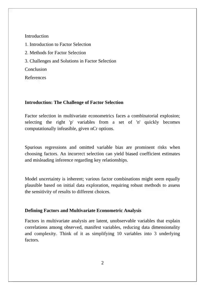 Factor selection problem in multivariate econometric analysis 2