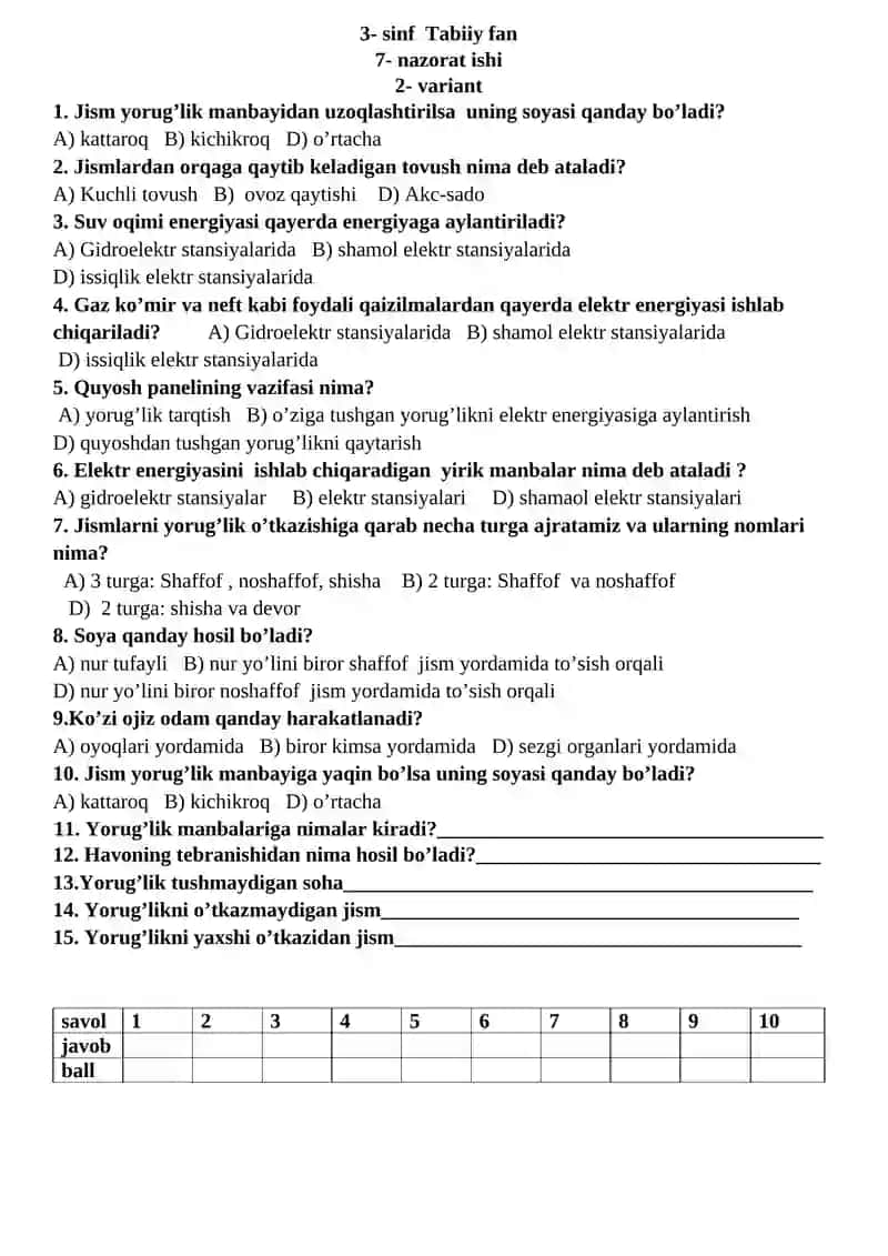 3- sinf Tabiiy fan 7- nazorat ishi 1- variant 2