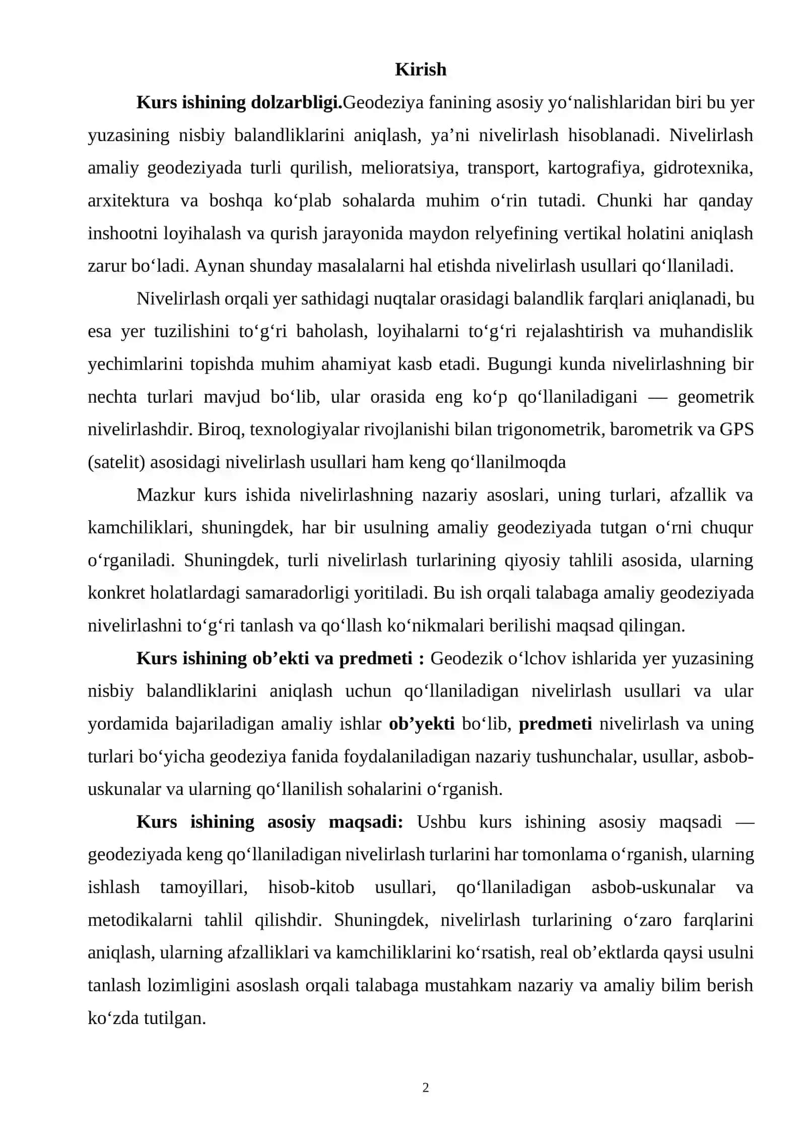 NIVELIRLASHNING NAZARIY ASOSLARI. NIVELIRLASH TURLARI VA ULARNING AMALIY QO‘LLANILISHI 2