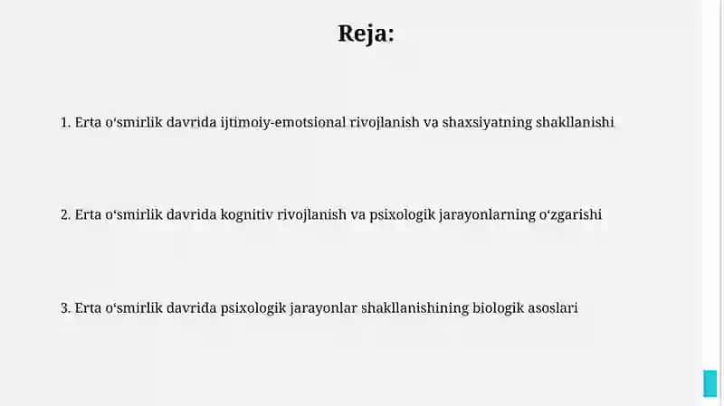 Erta o'smirlik davrida psixologik jarayonlar shakllanishi 2