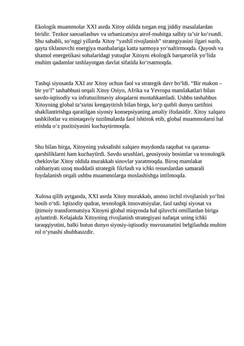 XXI asrda Xitoy global transformatsiya va strategik taraqqiyot modeli 2