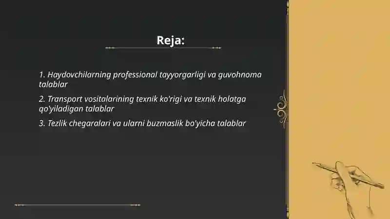 Transport vositalaridan foydalanishda harakat xavsizligini taminlashga qoyiladigan talablar 2