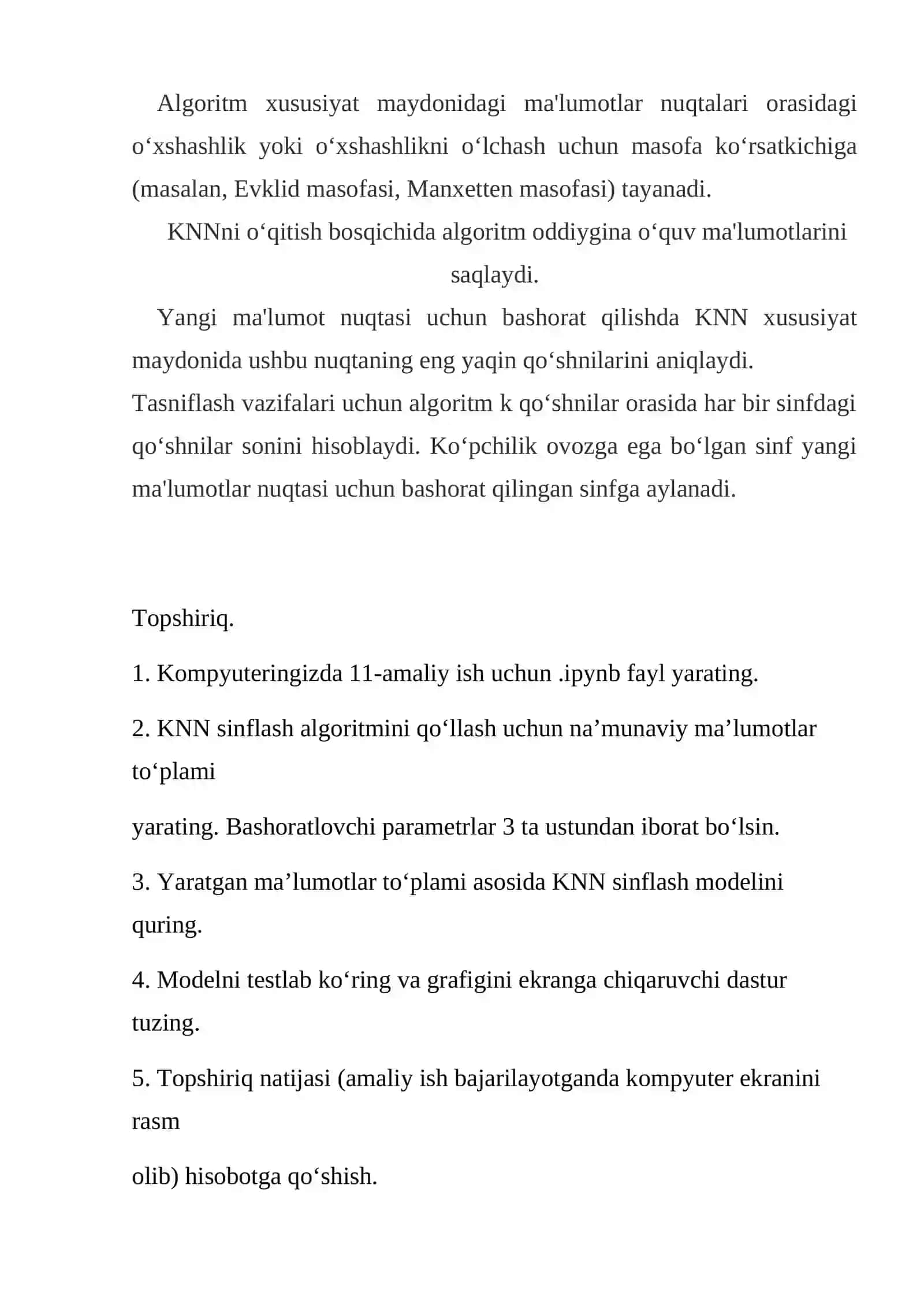 PYTHON MUHITIDA MA’LUMOTLARNI KNN USULIDA SINFLASHTIRISH 2
