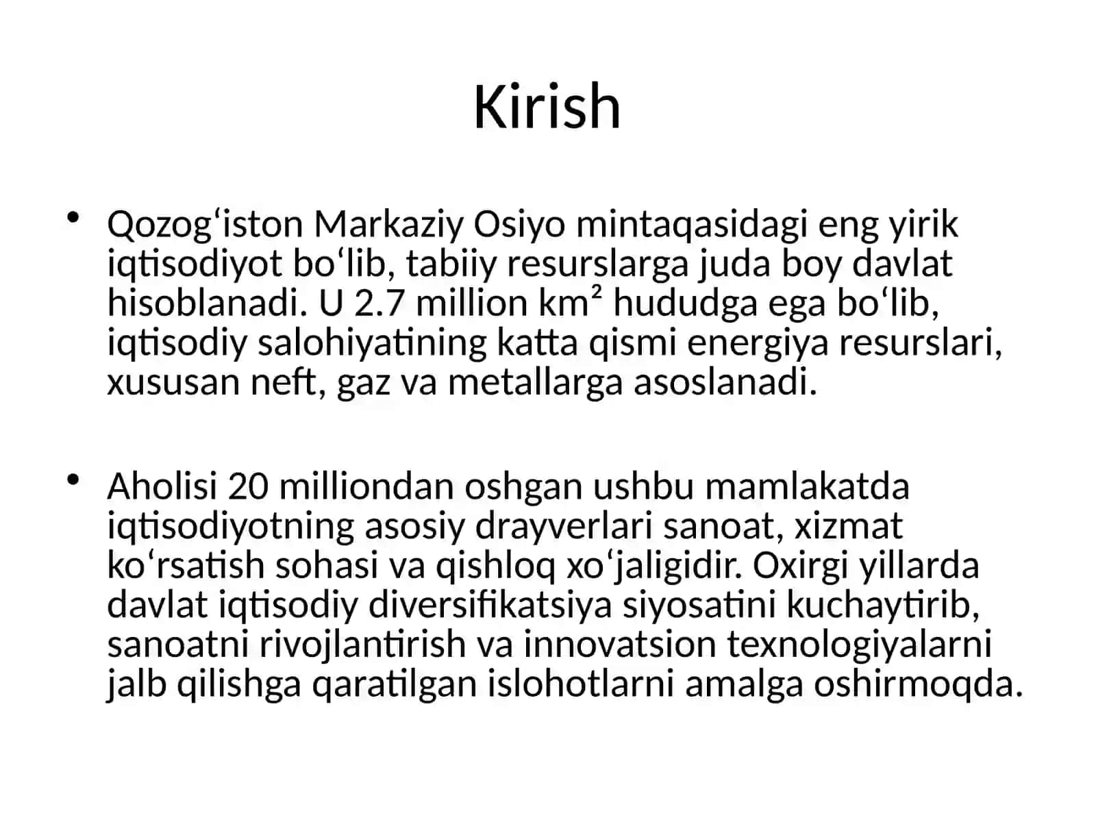 Qozog‘iston Respublikasining Ichki va Tashqi Iqtisodiyoti 2