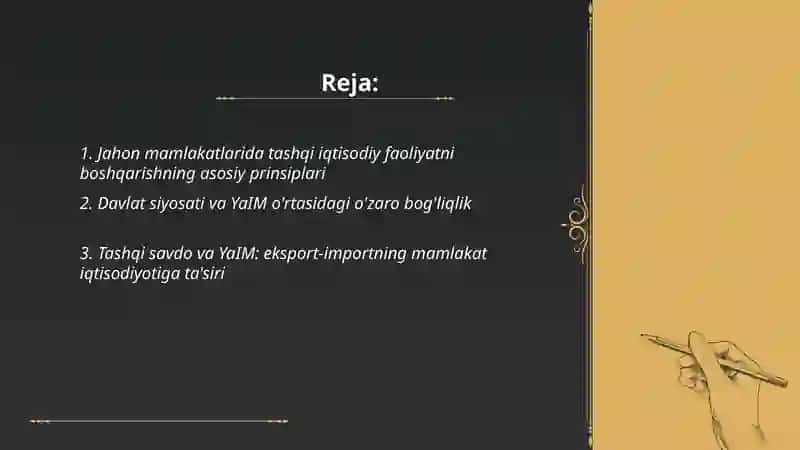 Jahon mamlakatlarida tashqi iqtisodiy faoliyatini boshqarish va tartibga solishni tashkil etish(YaIM,inflyatsiya,eksport-inport balansi ) 2