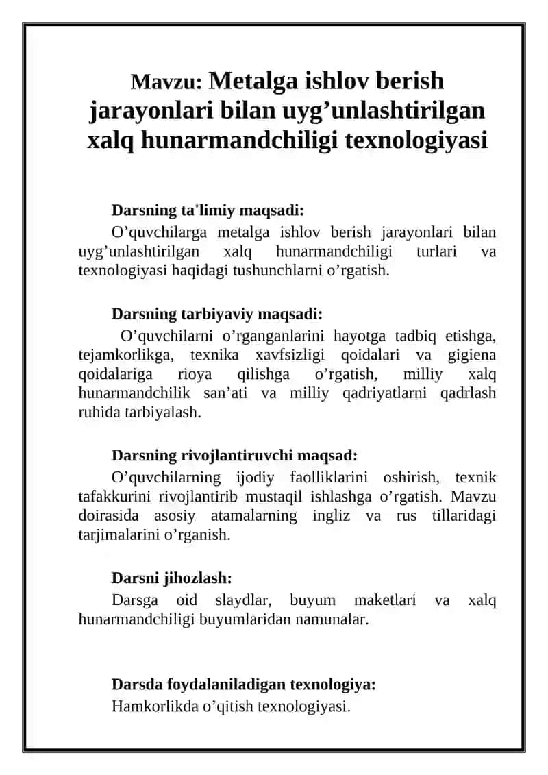 Metalga ishlov berish jarayonlari bilan uyg’unlashtirilgan xalq hunarmandchiligi texnologiyasi 2