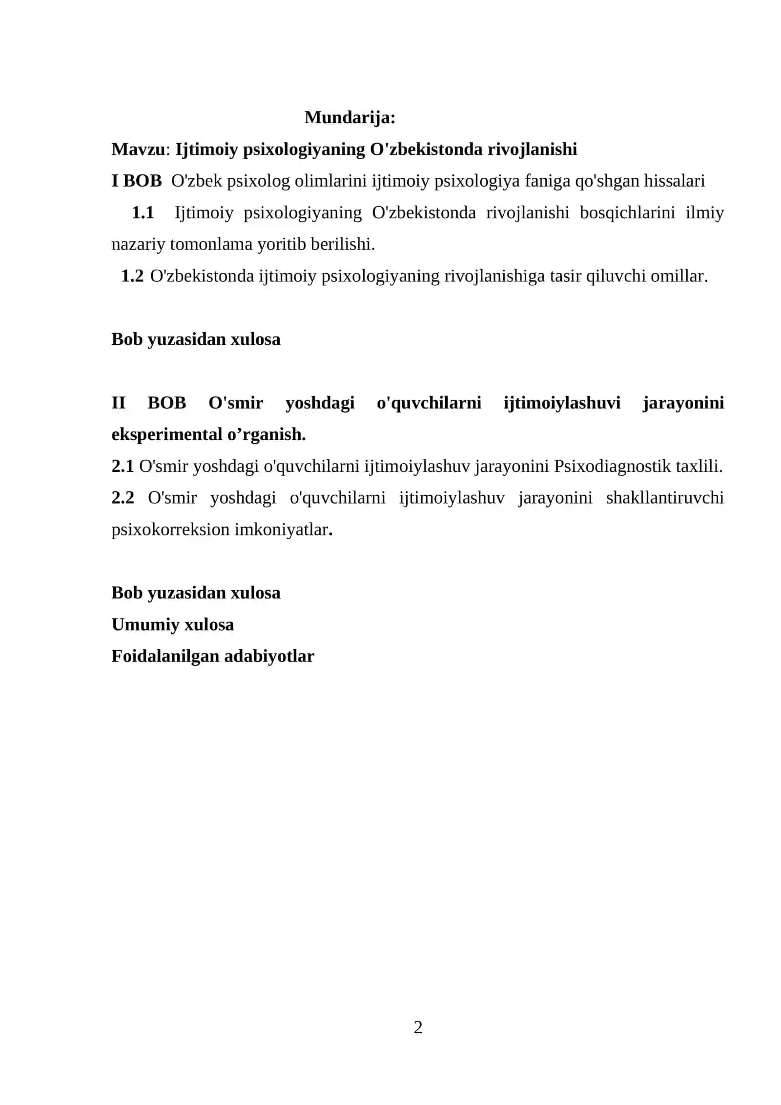 Ijtimoiy psixologiyaning O'zbekistonda rivojlanishi KURS ISHLARI 2