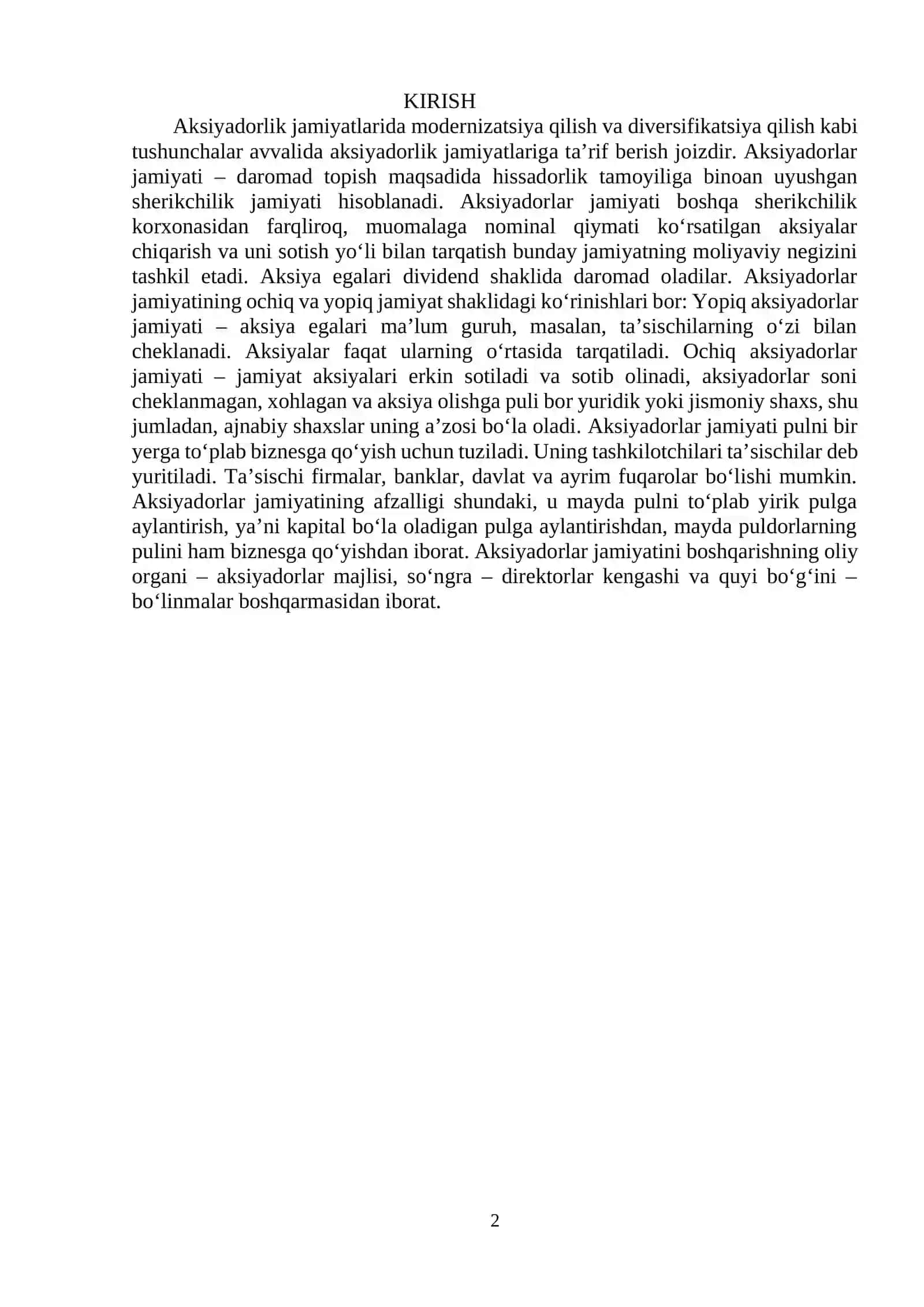 O'zbekiston sanoatida aktsionerlik korxonalarning roli va o'rni. 2