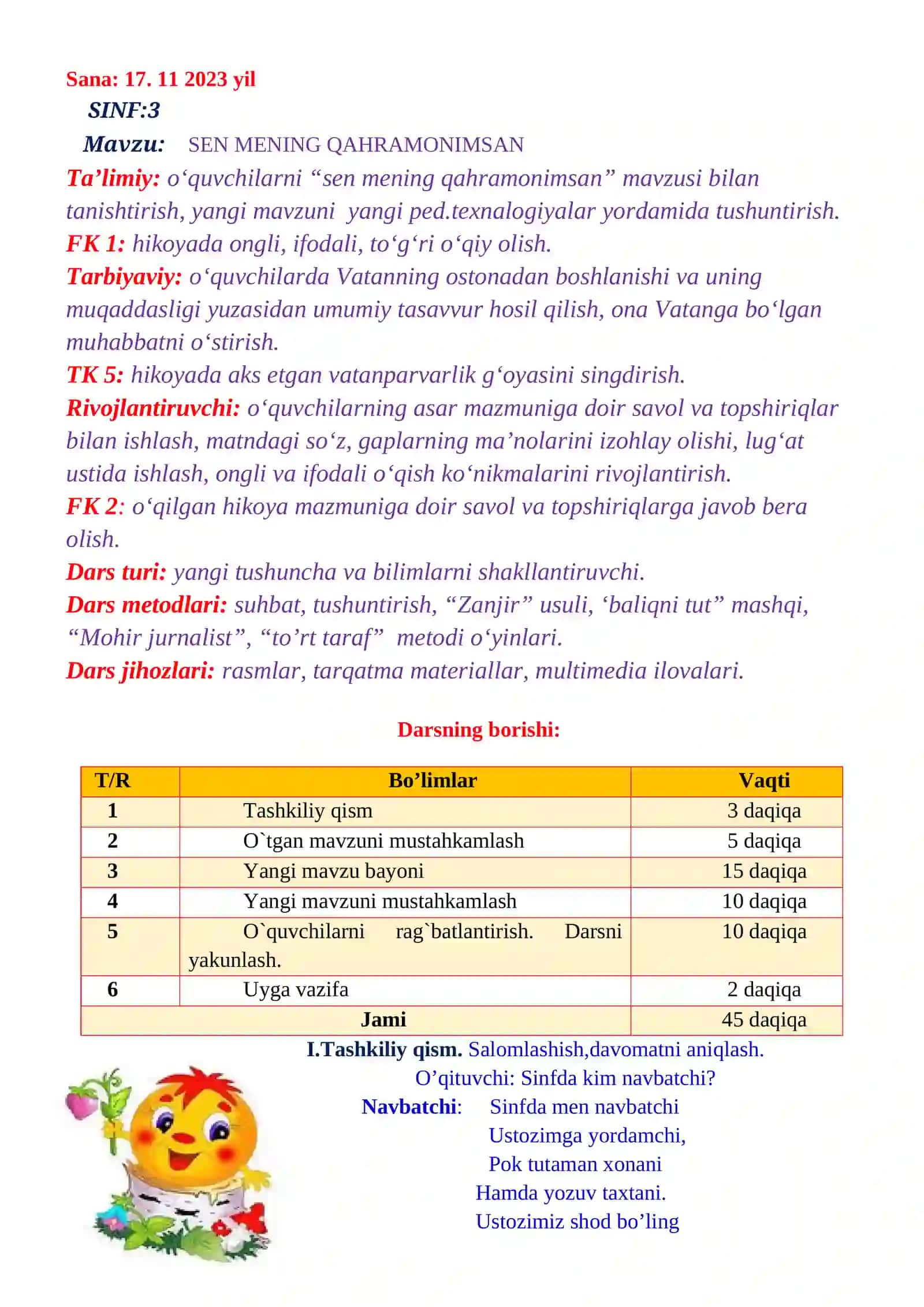 3-sinf Ona tili va o'qish savodxonligi fanidan Sen mening qahramonimsan ochiq dars ishlanma 2