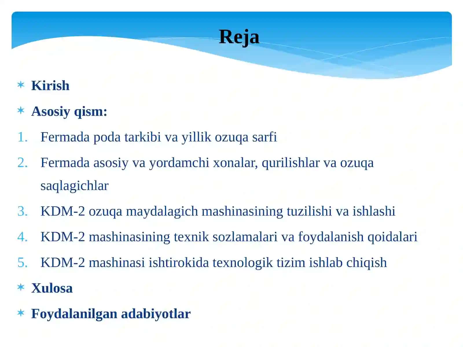 1800 BOSH SOG’N SIGIRGA MO’LJALLANGAN SUTCHILIK FERMASI BOSH REJASINI LOYHALASH VA KDM - 2 MASINASINI O’RGANISH 2