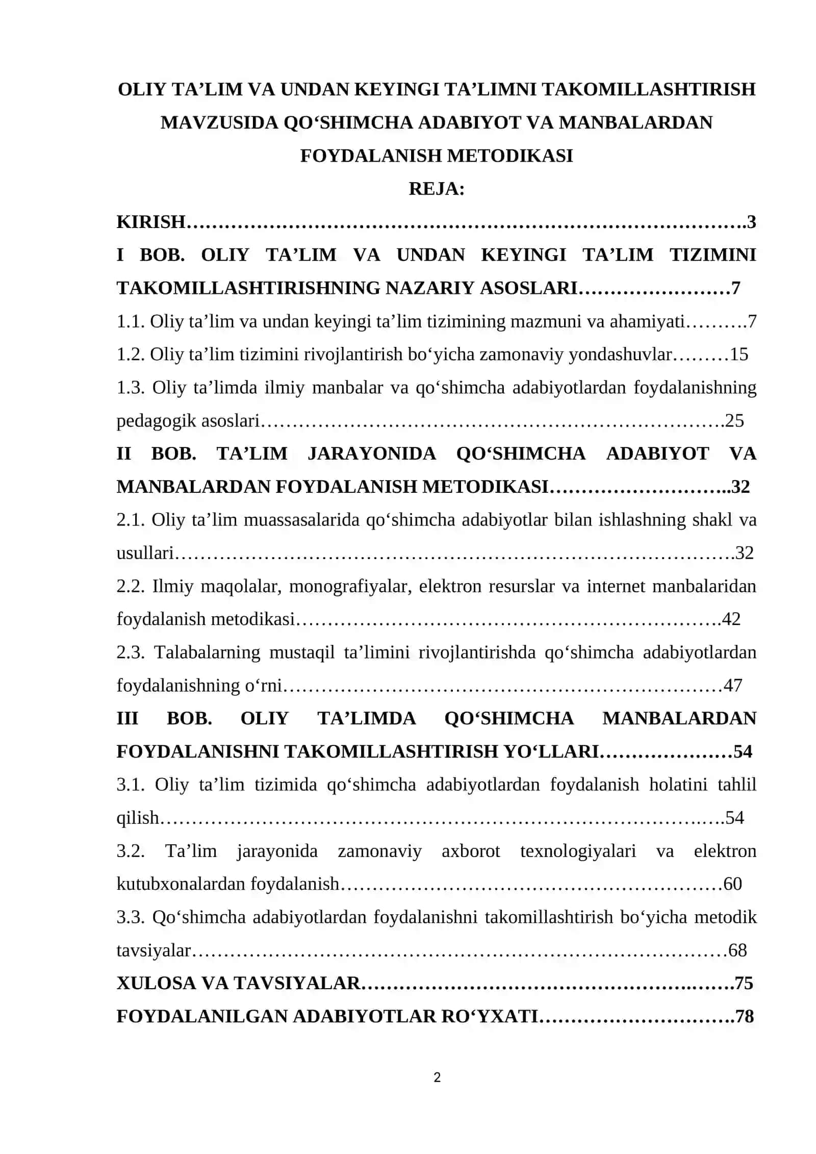 Оliy TА'LIM VА UNDАN KЕYINGI TА'LIMNI TАKОMILLАSHTIRISH MАVZUSIDА QОʻSHIMСHА АDАBIYОT VА MАNBАLАRDАN FОYDАLАNISH MЕTОDIKАSI 2