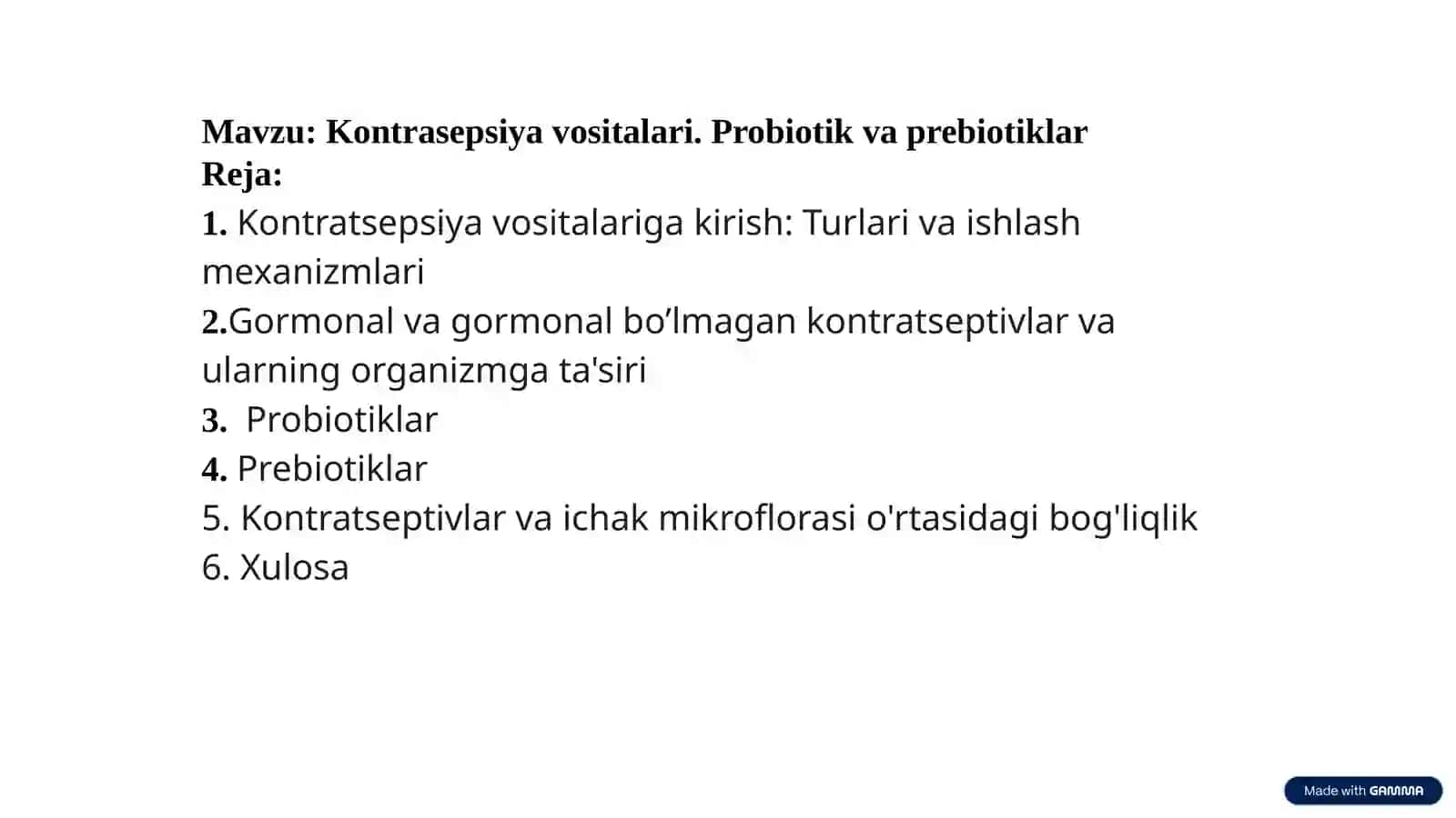 Kontrasepsiya vositalari. Probiotik va prebiotiklar 2